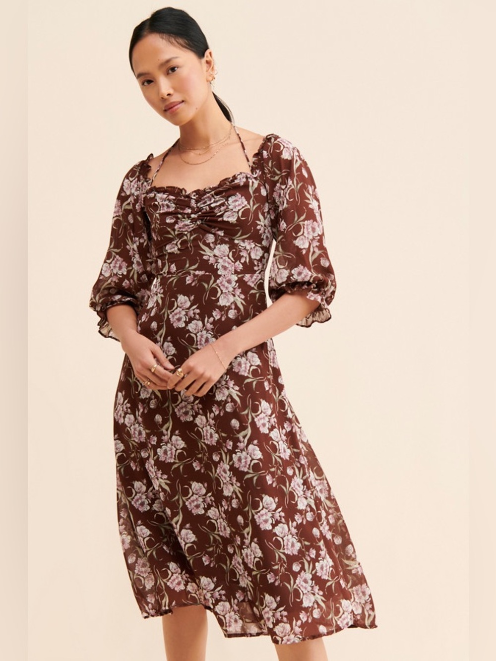 ASTR Cinched Floral Midi Dress Size Large Brown/Purple
